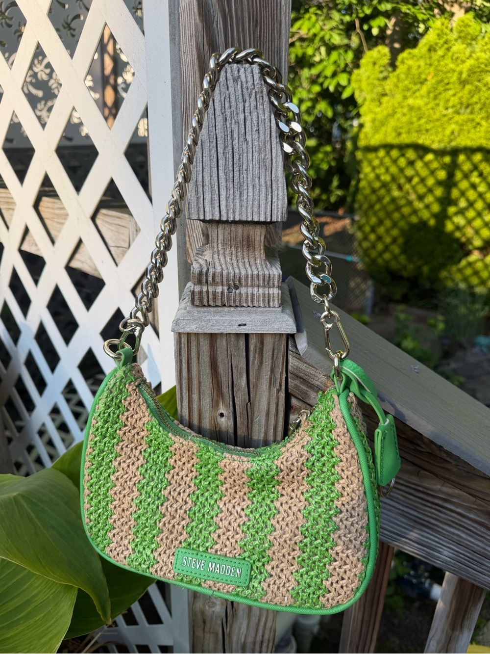 Steve Madden Green & Natural Crochet Chain-Handle Shoulder Bag